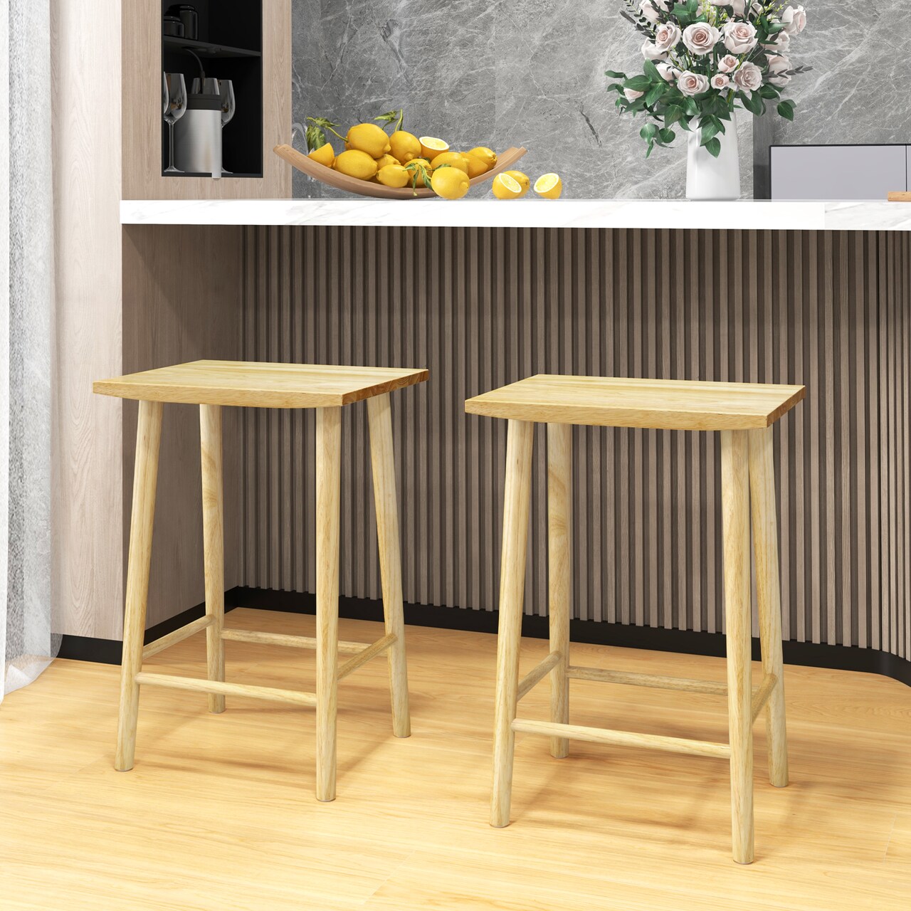25.5 Inch Bar Stools Set of 2 with Footrest-Natural - 17.5" x 14" x 25.5" (L x W x H)